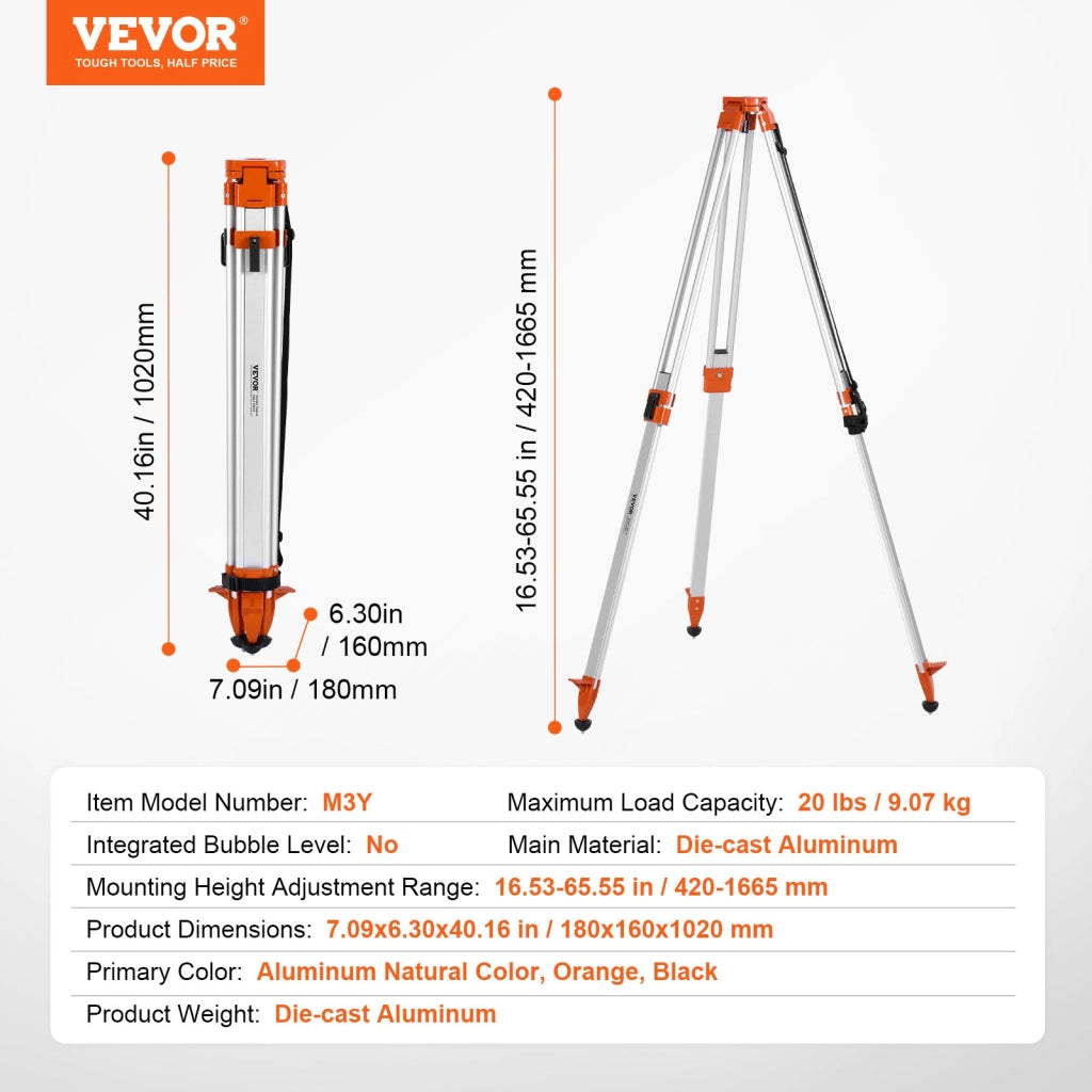 Treppiede per Livella Laser M3Y in Alluminio Pressofuso, Regolabile 420-1665 mm, Robusto Supporto con Gambe Retrattili per Fai da Te e Rilievi