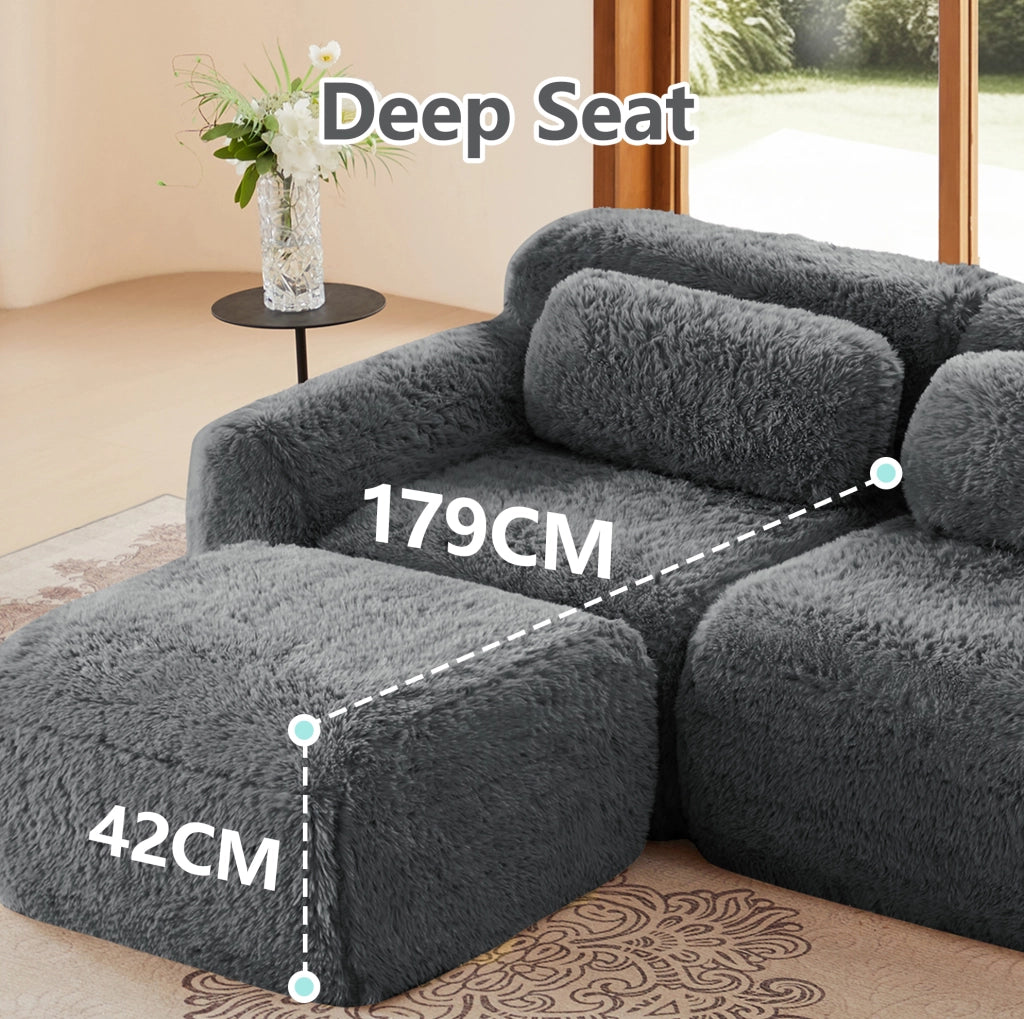 Divano modulare boneless Cloud in tessuto peluche grigio, con 3 ottomani, 3 posti, comodo per soggiorno