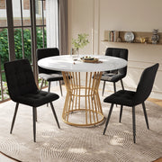 Set tavolo da pranzo rotondo 100 cm, piano MDF bianco e gambe metallo oro, con 4 sedie in velluto nero, 5 pezzi