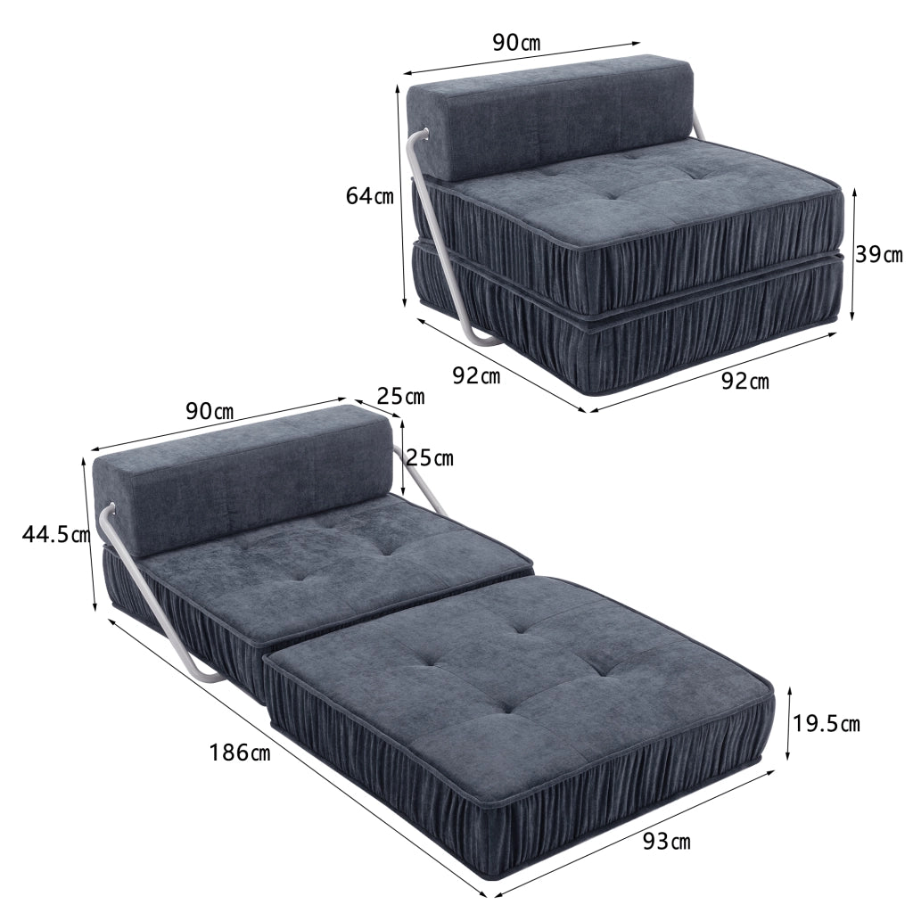 Divano letto modulare in ciniglia grigio con elementi componibili convertibile in poltrona divano a 2 posti e chaise longue