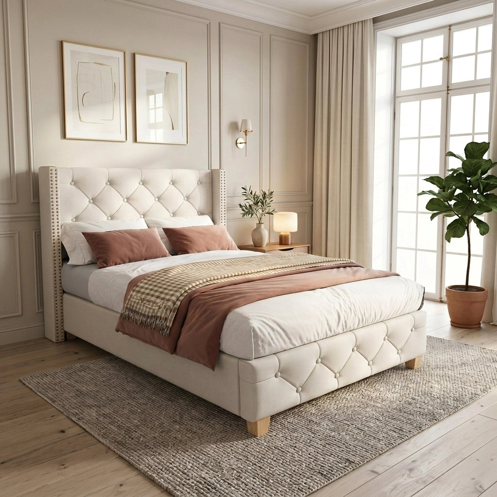 Letto singolo imbottito 90 × 200 cm con rete a doghe testiera in lino beige bottoni rivetti e gambe in legno