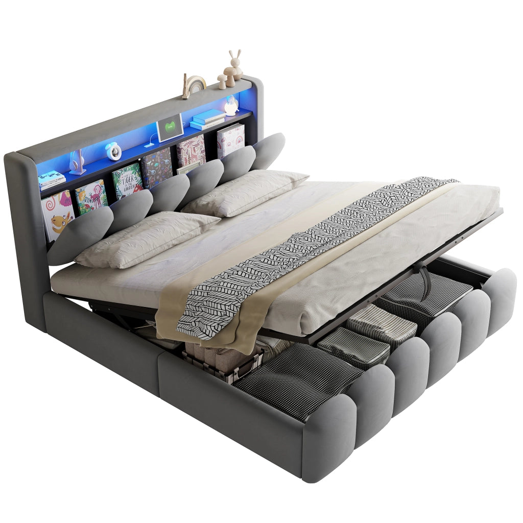Letto matrimoniale con contenitore 180 × 200 cm imbottito in velluto con LED USB e Type-C grigio