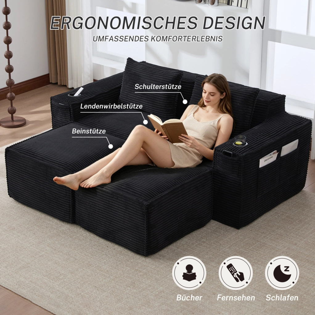 Divano a 2 posti modulare in corduroy con 2 pouf, portabicchieri e tasche laterali, imbottitura con molle e schiuma ad alta densità, 188x162x75 cm