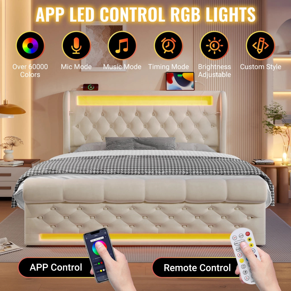 Letto contenitore 160 × 200 cm idraulico con LED USB e Type-C in velluto beige