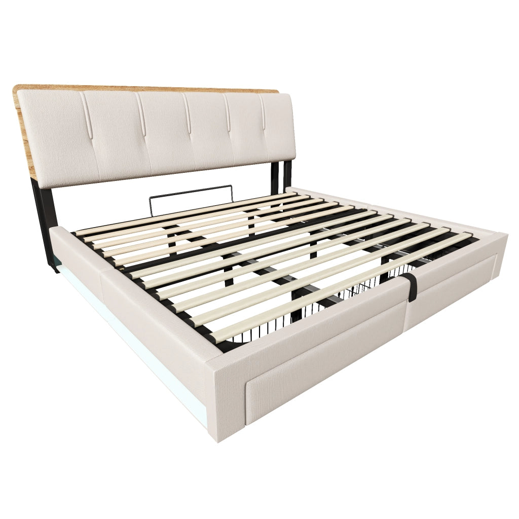 Letto contenitore 180 × 200 cm matrimoniale con 2 cassetti; USB; Type-C e LED regolabile; senza materasso; beige