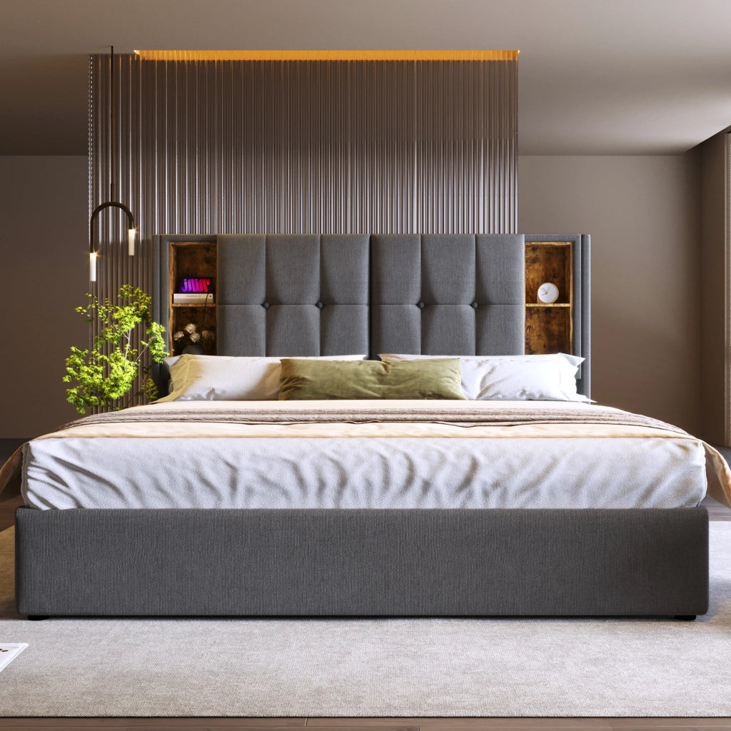 Letto contenitore 180 × 200 cm con ricarica wireless USB e USB-C testiera in cotone grigio con rete a doghe