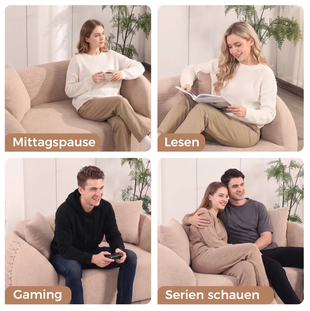 Divano modulare moderno 2 posti in tessuto Chenille beige Apricot, senza montaggio, ideale per piccoli spazi