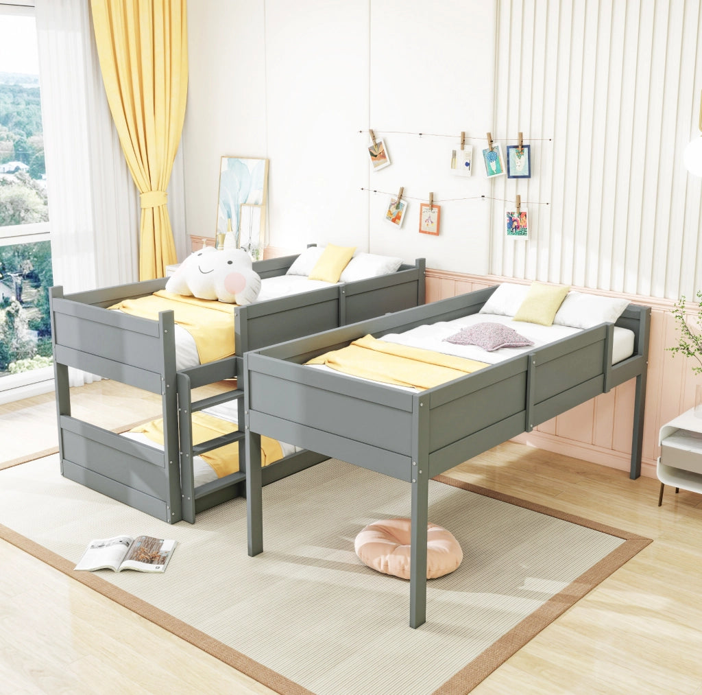 Letto a castello triplo in legno massiccio 90x200 cm con sponde alte, colore grigio