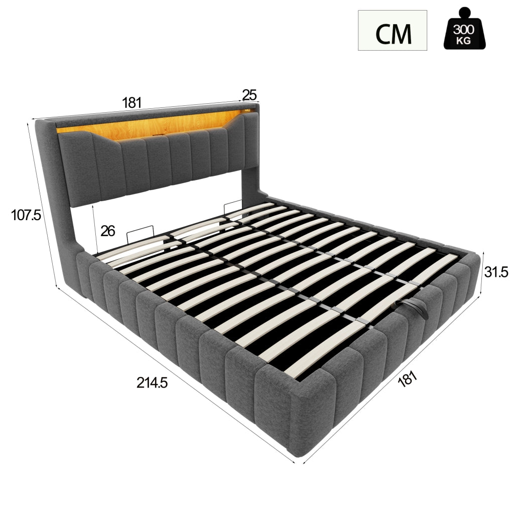 Letto matrimoniale ULEVR 180x200 cm con contenitore idraulico, LED, USB e USB-C, tessuto grigio