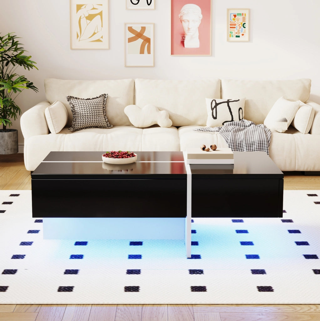 Tavolino da caffè lucido nero 100x50x34;5 cm con LED controllabile da app e 3 cassetti