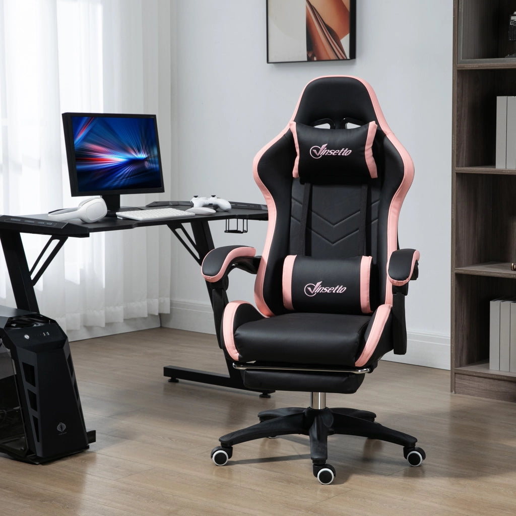 Sedia da gaming ed ufficio ergonomica rosa e nero con cuscino poggiatesta supporto lombare e poggiapiedi per casa