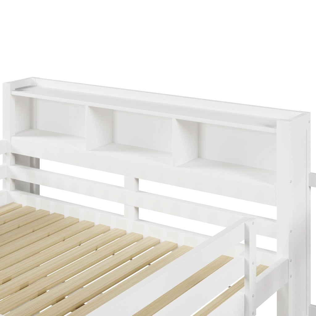 Letto a soppalco 140 × 200 cm con LED scala contenitore vani aperti e sponde in legno bianco per cameretta