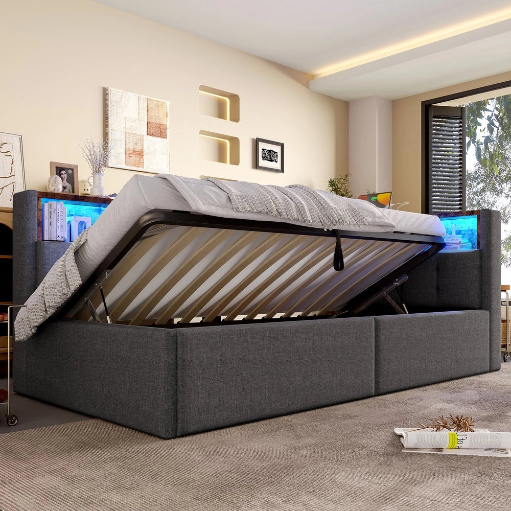 Letto Singolo Contenitore con LED ¨C MINIMAL ¨C Tessuto Grigio 90x200 Idraulico