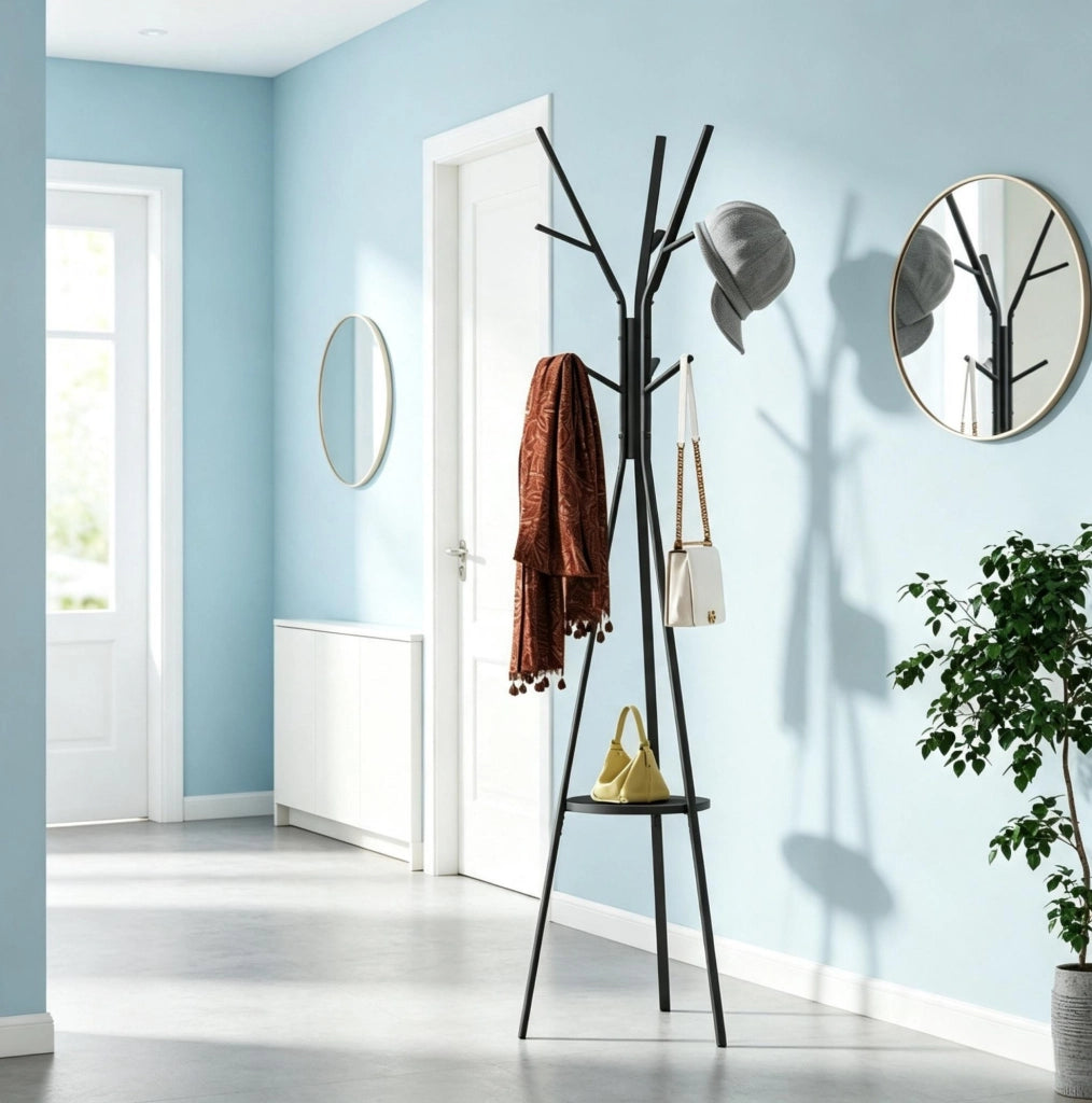 Portaabiti moderno in metallo e MDF con 9 ganci e mensola, colore nero, 45x45x180 cm