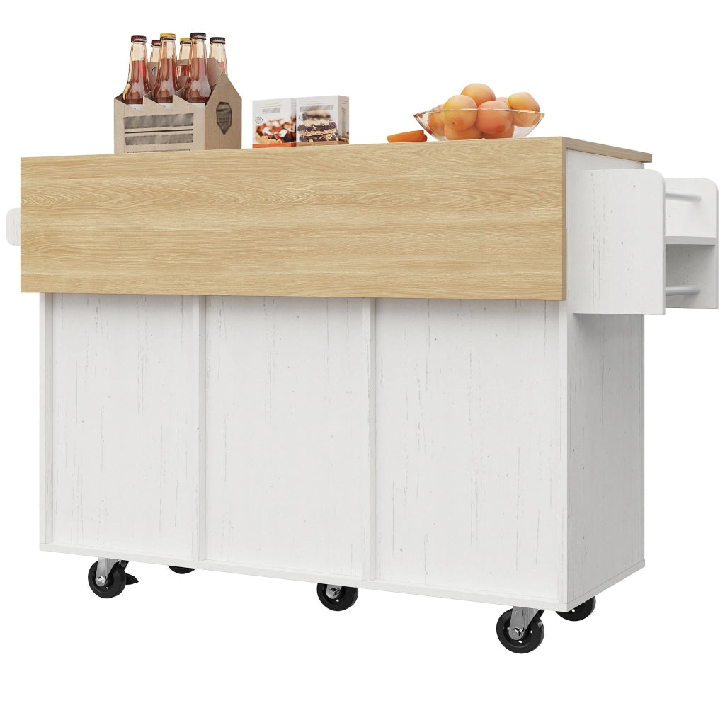 Isola cucina multifunzione bianca 110x46 cm con piano ribaltabile, ruote e ampio spazio interno