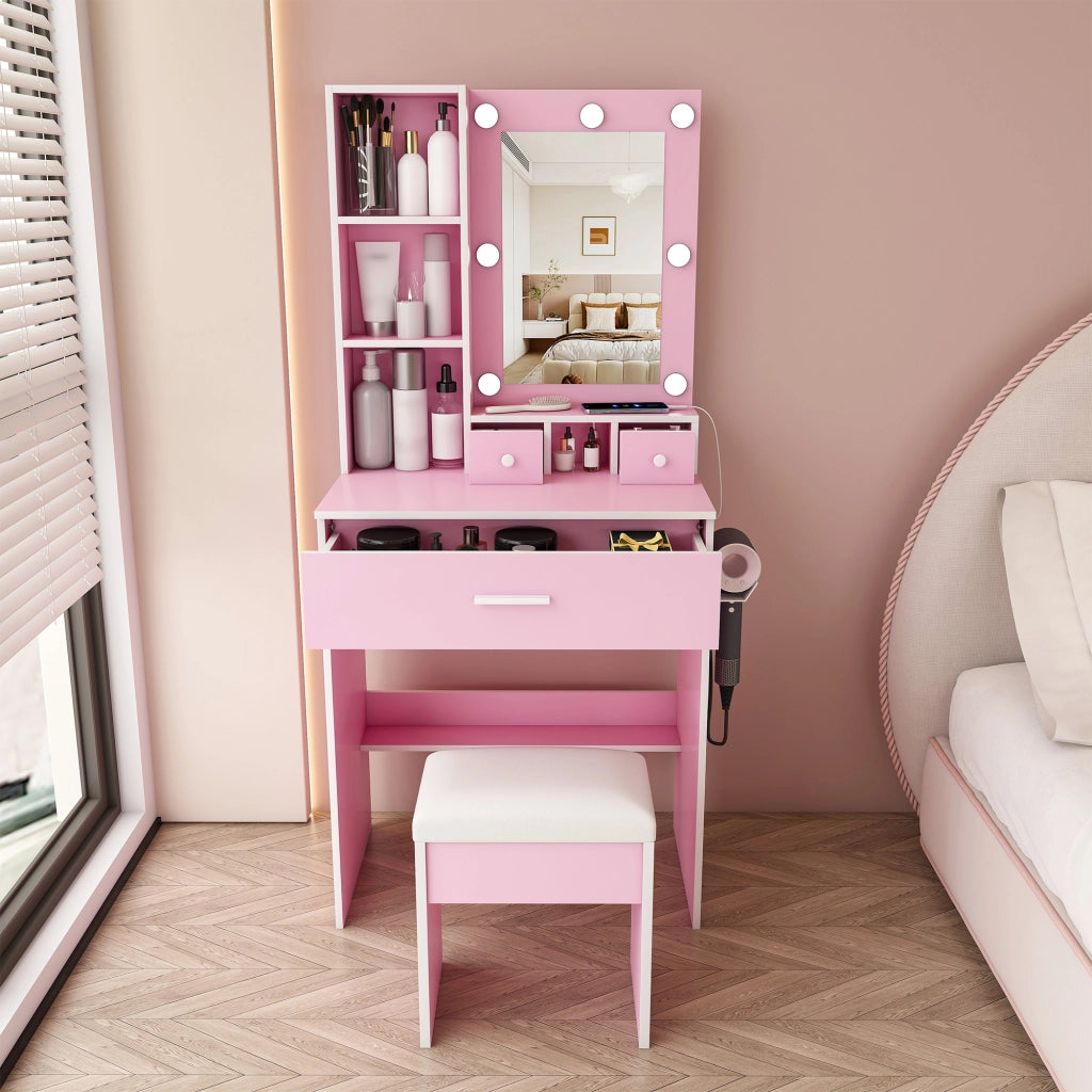 Set Trousse da Trucco ¨C Minimal ¨C Rosa, con Cassetti, Scaffale, LED Regolabile, Hocker Imbottito, 60x38x131.5 cm
