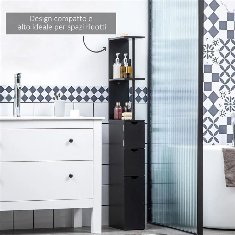MOBILE COLONNA SALVASPAZIO IN LEGNO CON RIPIANI E CASSETTI 15X33X136CM NERO