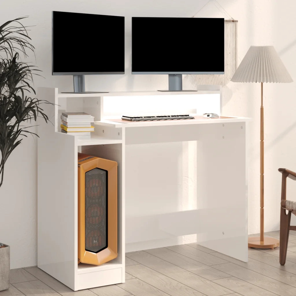 Scrivania con LED-Scrivanie per ufficio e studio Bianco Lucido 97x45x90cm in Legno Multistrato