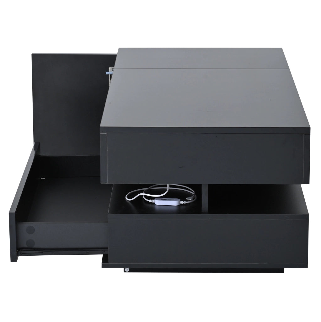 Tavolino da caff¨¨ elevabile 95x50 cm con LED, cassetto e vano in truciolare nero