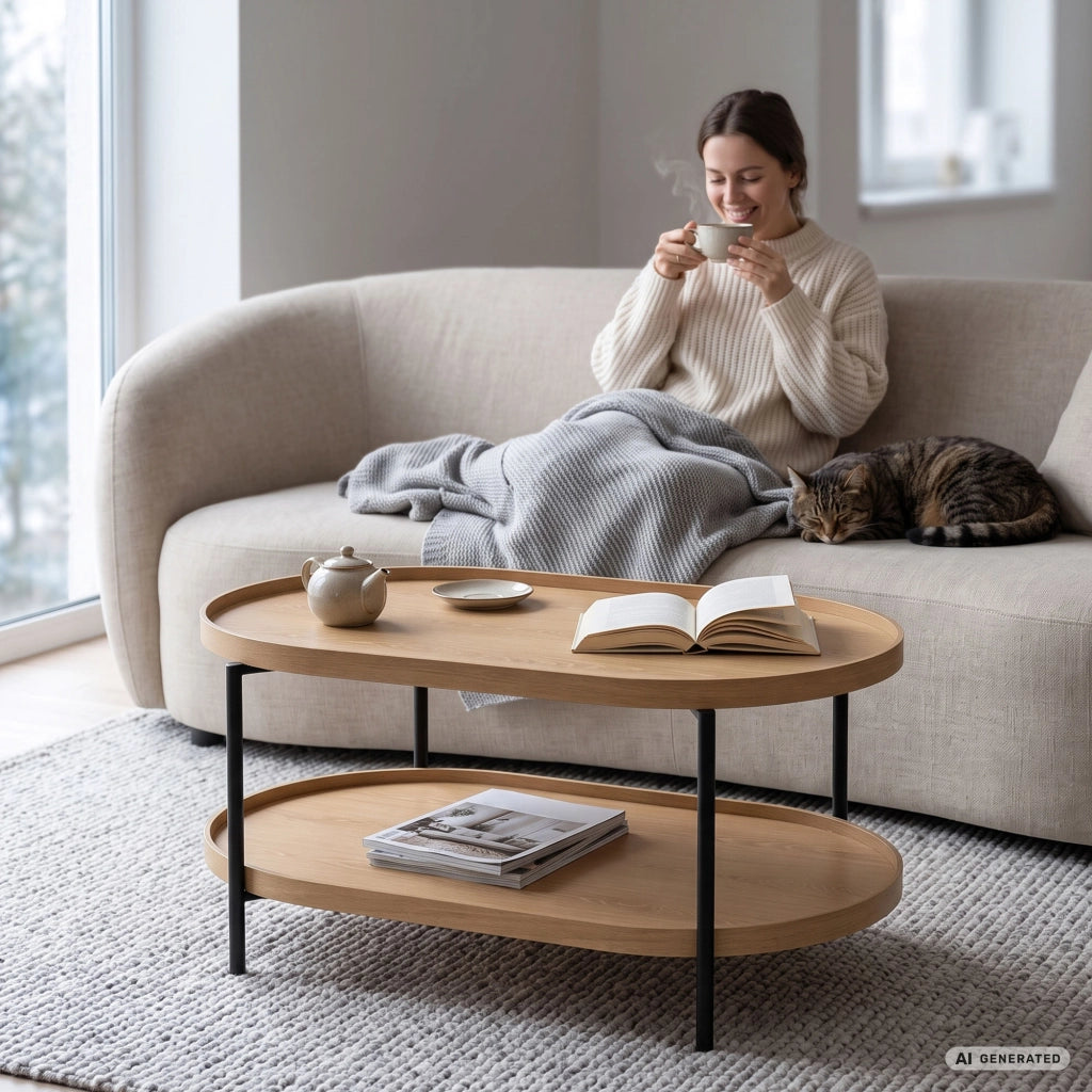 Tavolino da salotto stile loft CORTADO 90 cm ovale con ripiano legno naturale gambe nere