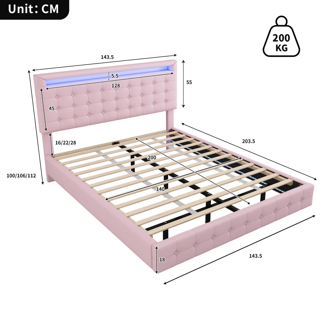 LETTO fluttuante 140x200 cm PU rosa con LED e testiera regolabile
