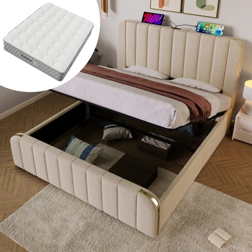 Letto Contenitore Imbottito con Materasso ¨C MINIMAL ¨C Beige, Idraulico, USB, 180x200