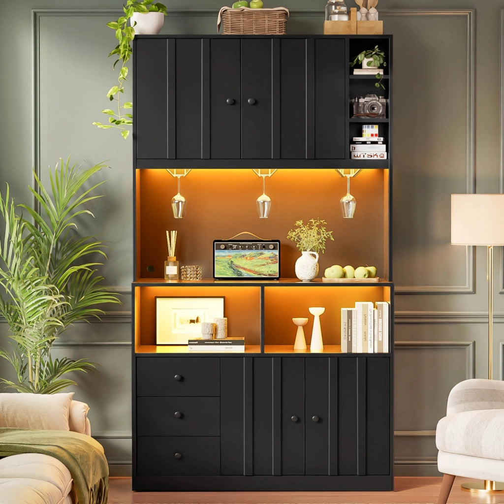 ARMADIO CUCINA 180 cm con LED, prese USB/AC, MDF nero