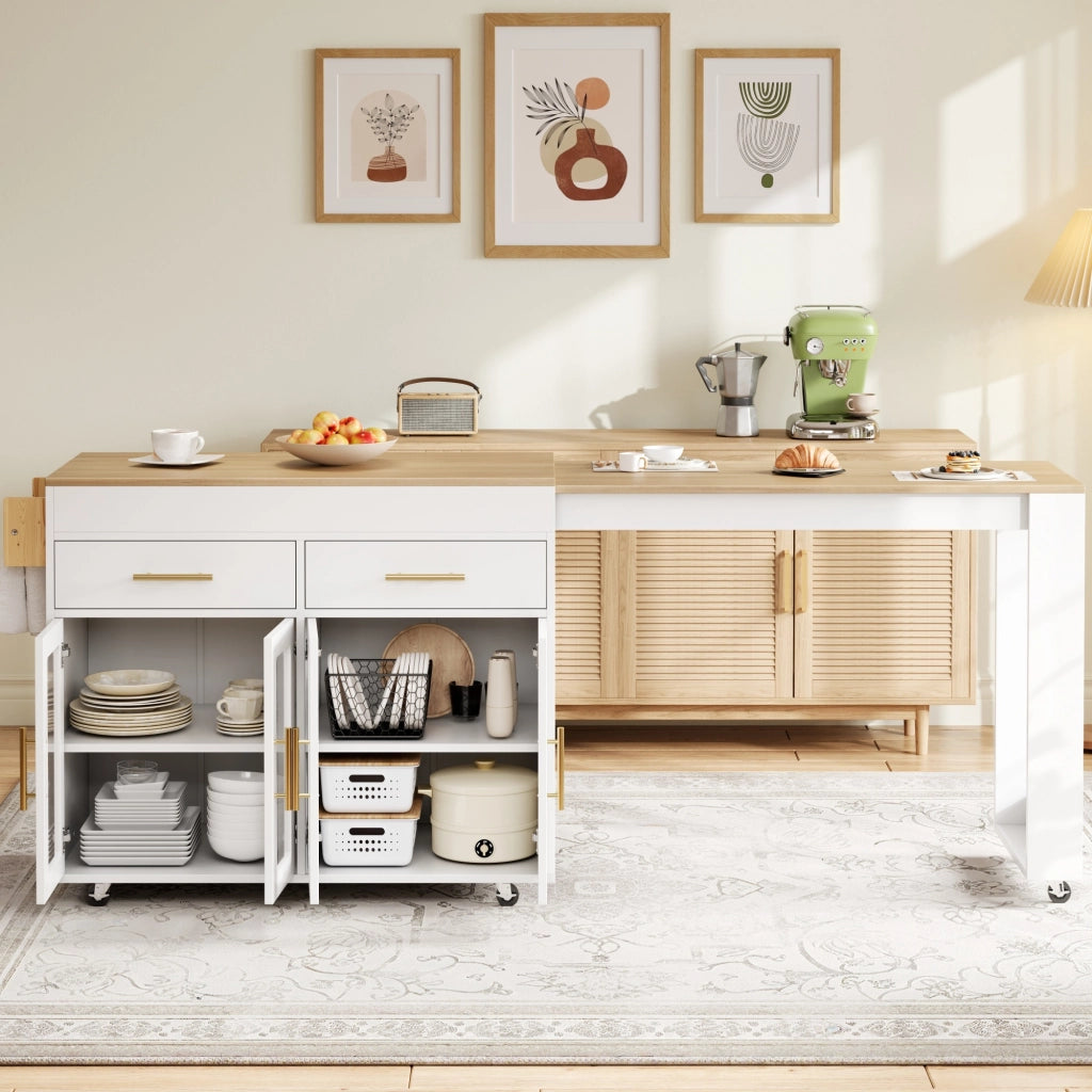 Isola da cucina, credenza, bancone estraibile, con rotelle, 2 cassetti, ante in vetro, bianco