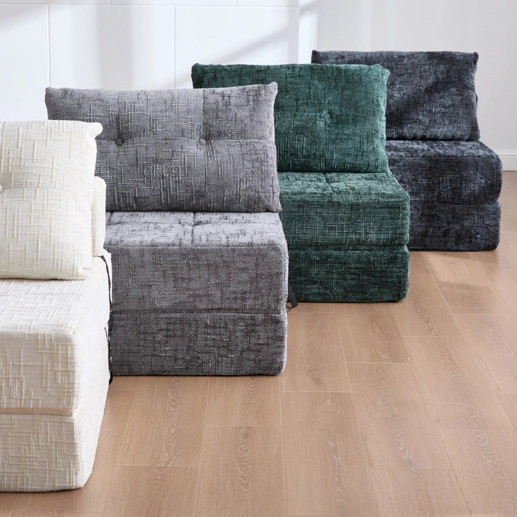 Divano letto pieghevole 79x180 cm in ciniglia beige con cuscini