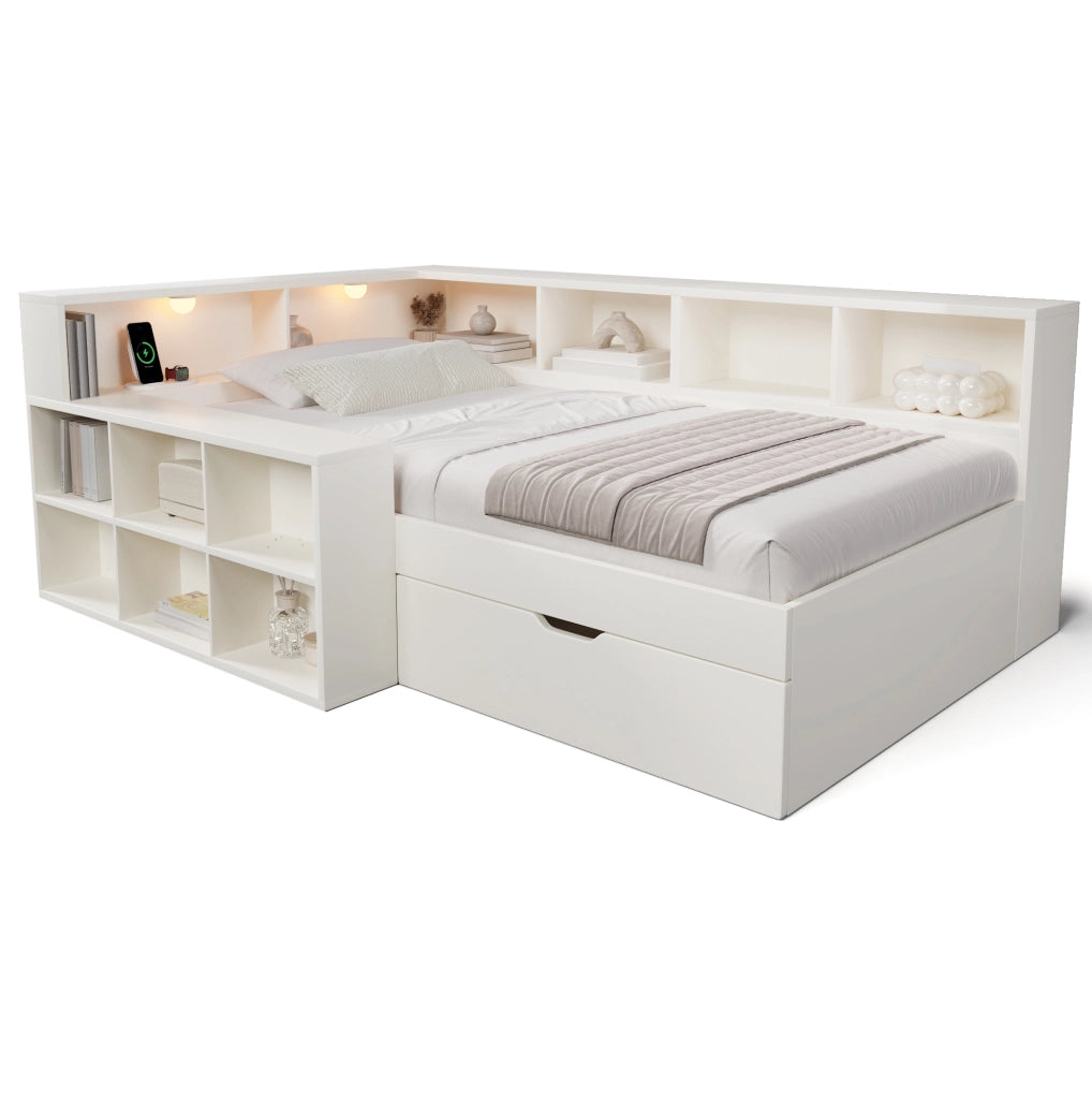 Letto singolo 90x200 cm in legno bianco con contenitore; prese USB e luci integrate