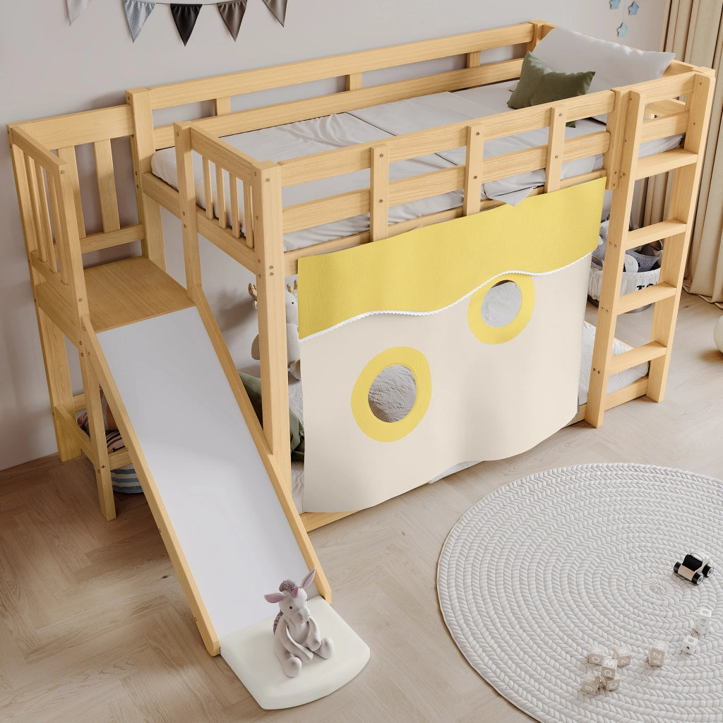 Letto a castello per bambini 90 × 200 cm con scala scivolo tende e protezione anticaduta in legno naturale