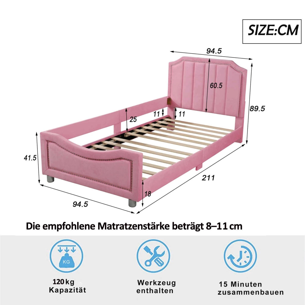 Letto singolo imbottito 90x200 cm rosa con schienale e braccioli, senza materasso