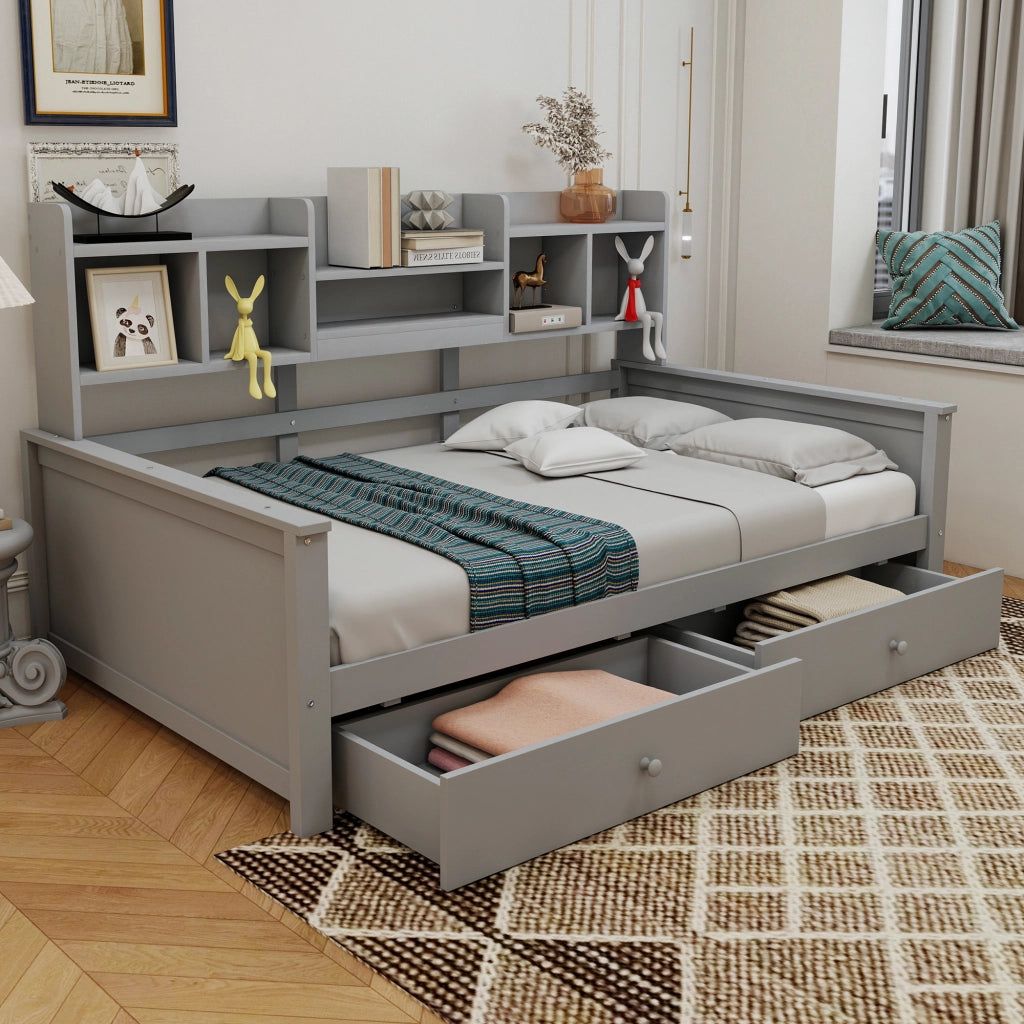 Divano letto singolo 90x200 cm con cassetti e ripiani laterali; in legno grigio