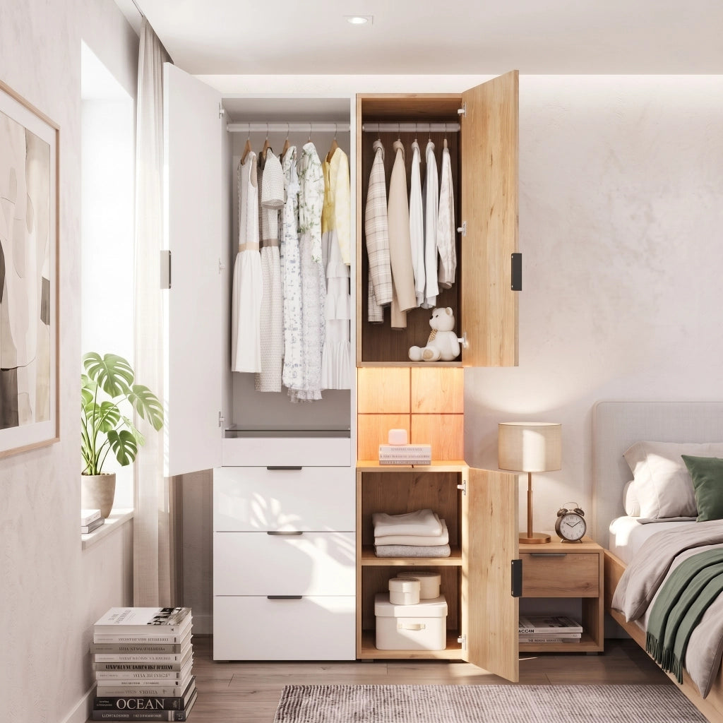 Armadio con 4 cassetti illuminazione LED e vano gioielli in MDF bianco effetto rovere 90 × 49 × 200 cm