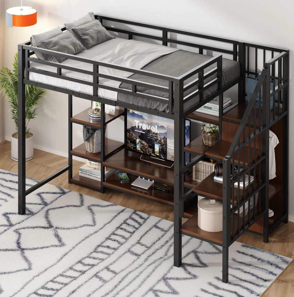 Letto a soppalco 90x200 cm con supporto TV, presa e scala in metallo nero