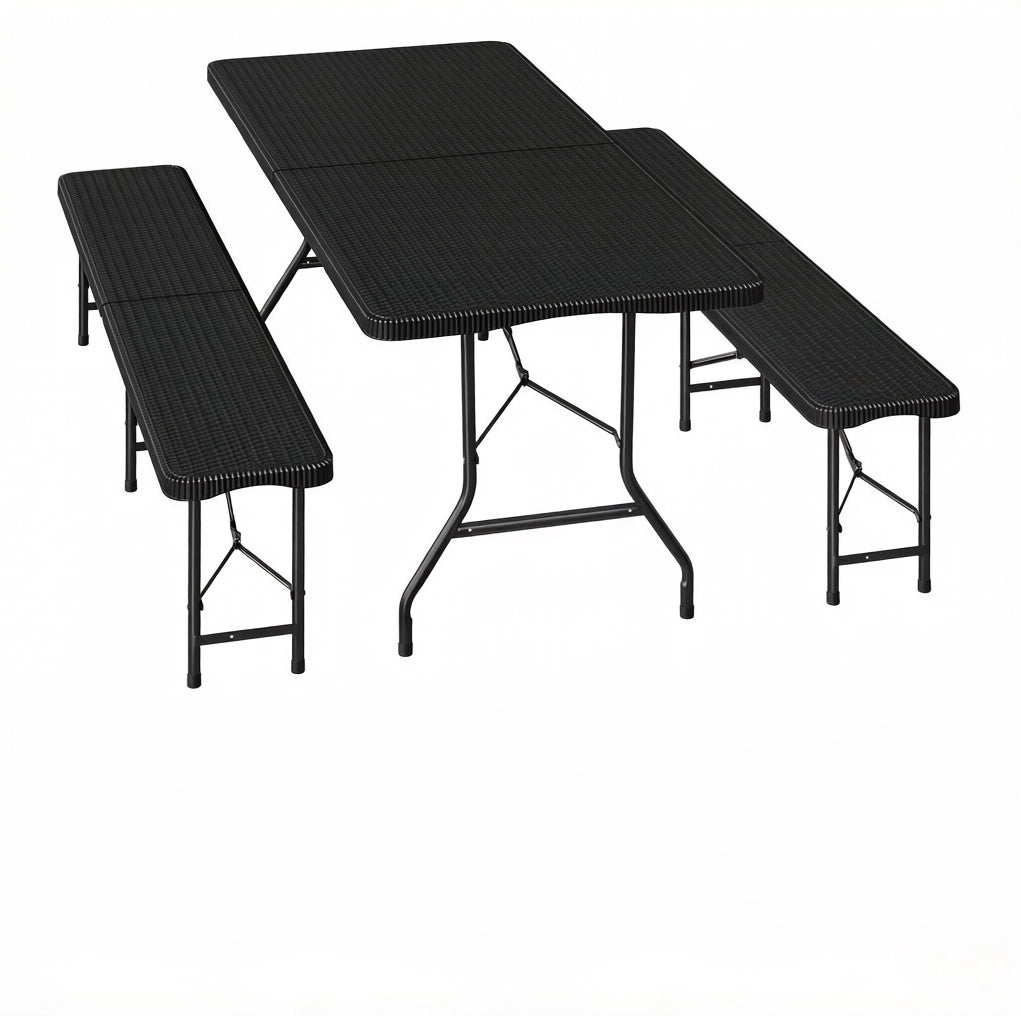 Set Mobili da Giardino Pieghevole 8-10 Persone con Tavolo 180x74x70 cm e 2 Panche, Nero, in HDPE e Metallo