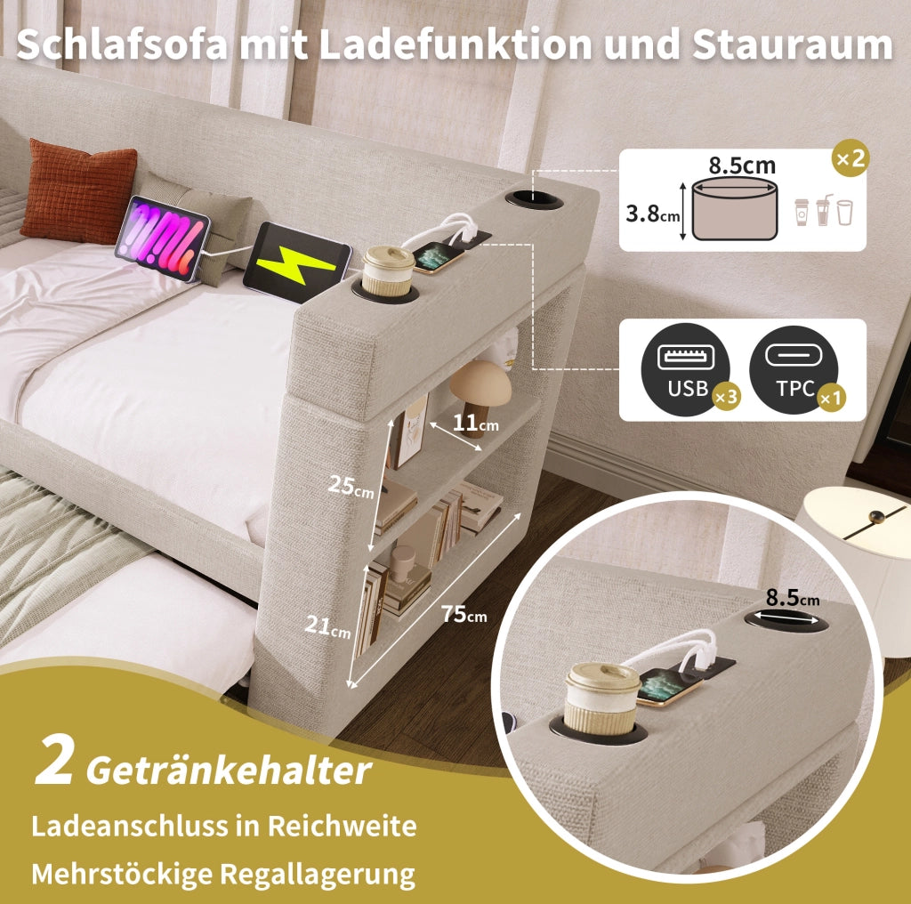 LETTO Divano letto estraibile 90x200 cm Beige con USB e USB-C