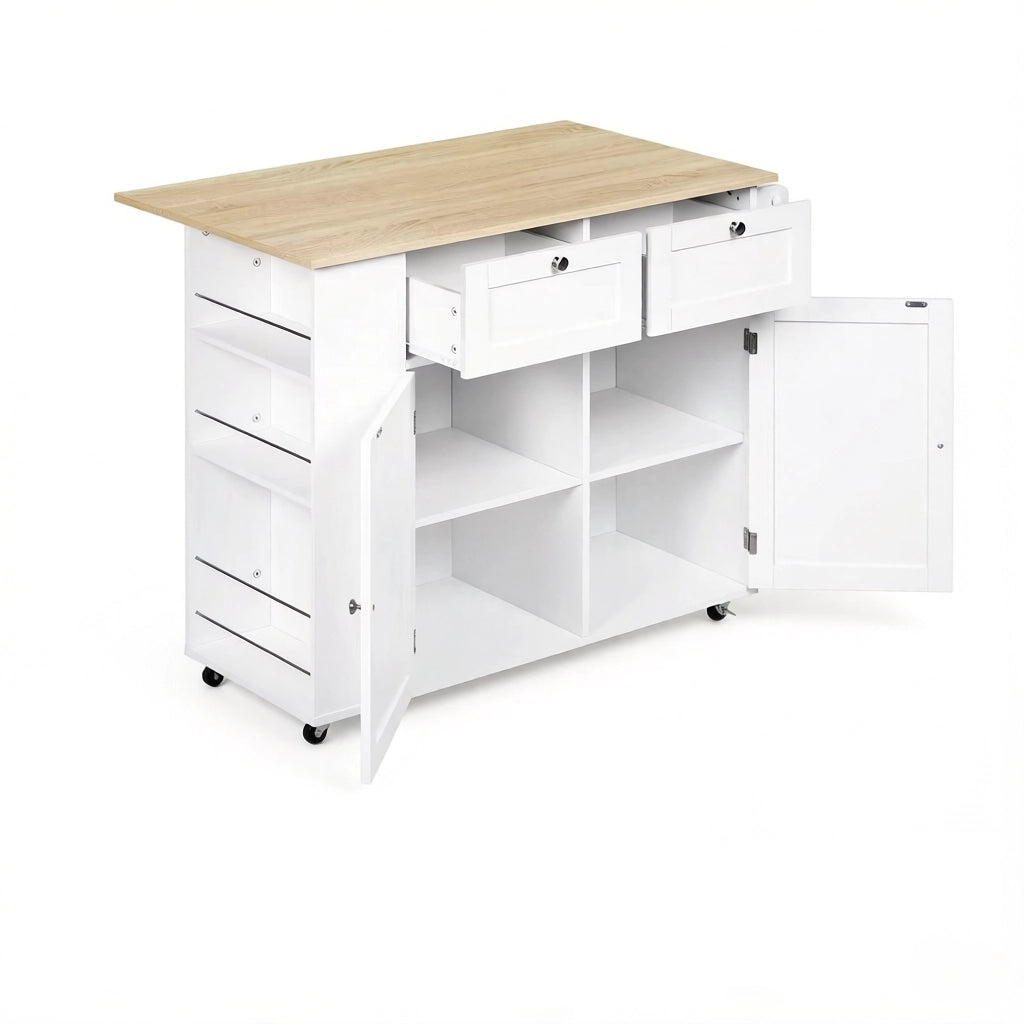 Carrello da cucina con 2 cassetti; armadietto a 4 vani; ripiano laterale e piano pieghevole con ruote; bianco e rovere chiaro
