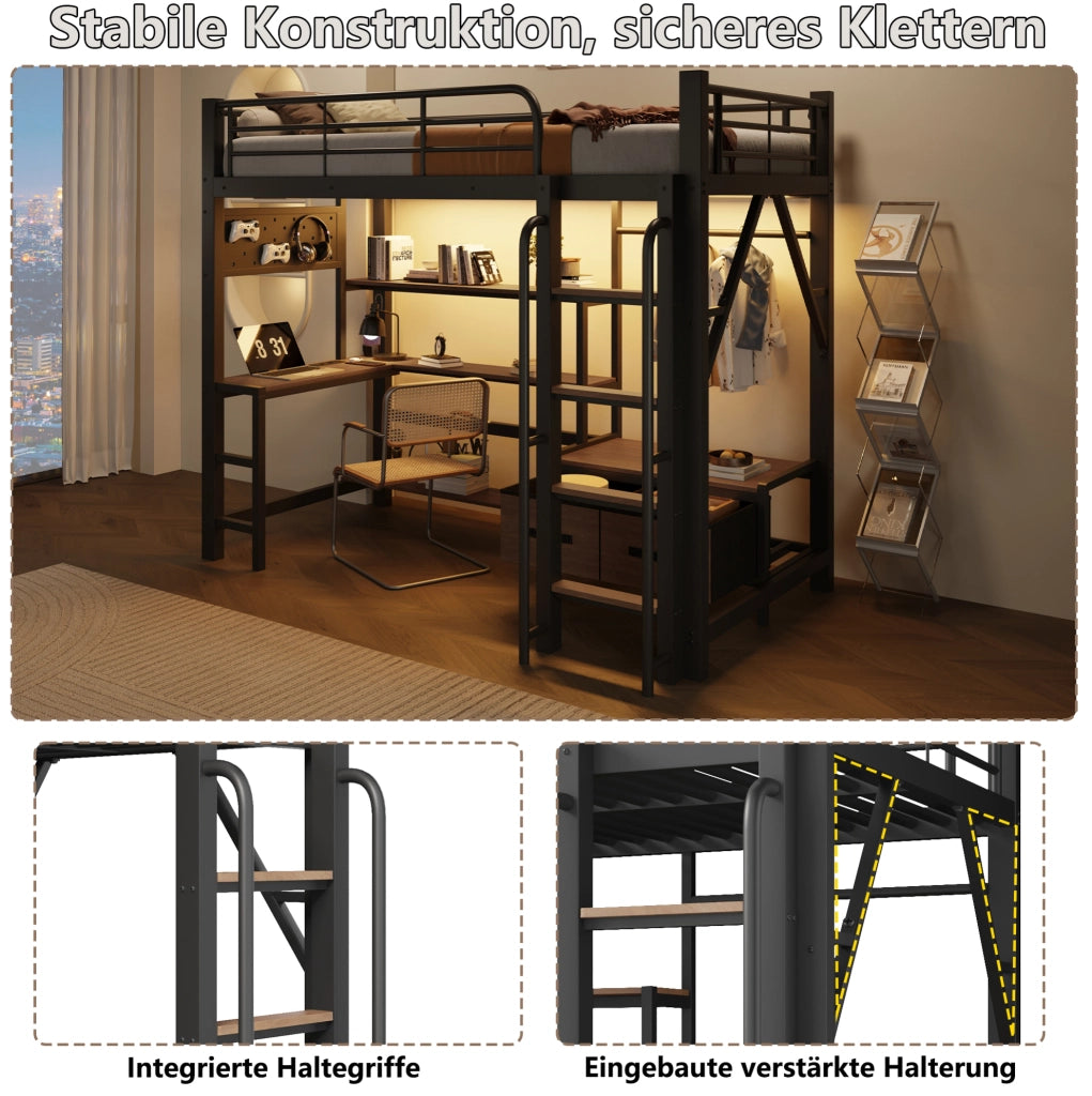 LETTO A SOPPALCO 90x200 cm Metallo e MDF Nero con Scrivania, LED e USB