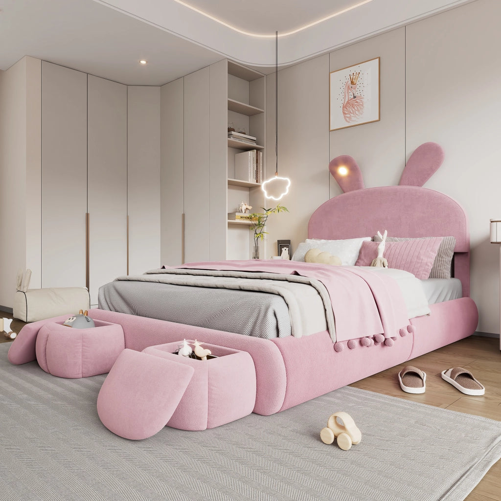 Letto Matrimoniale 140x200 in Velluto Rosa con Contenitore Idraulico e Orecchie da Coniglio