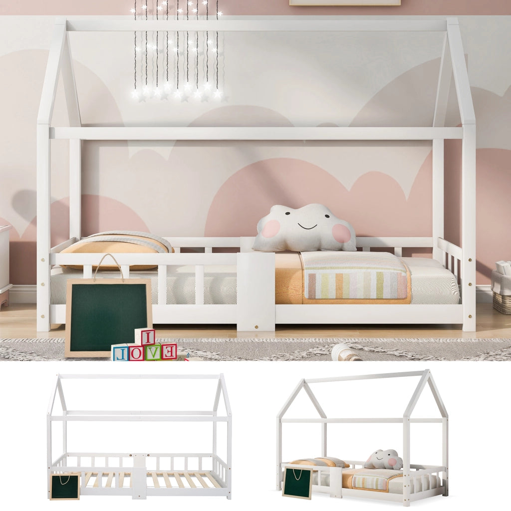 DESMIU Letto casetta bambino 90 × 200 cm con lavagna, sponda di sicurezza, senza materasso, legno massello, bianco