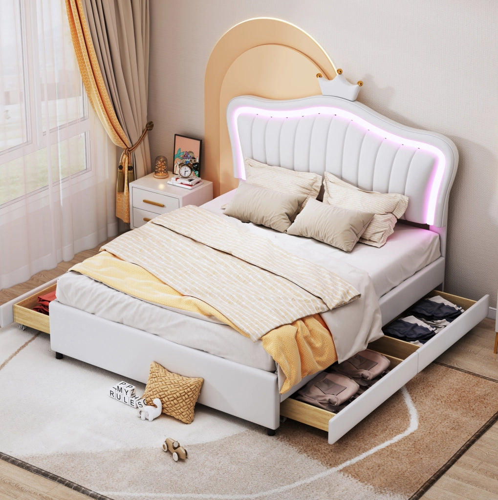 Letto imbottito a forma di conchiglia con LED e 4 cassetti