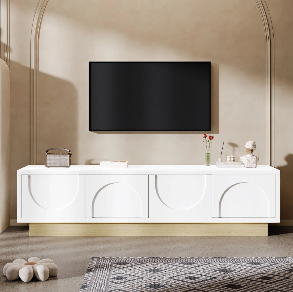 Mobile TV 175 cm con 4 ante push-to-open in MDF bianco e finitura color legno