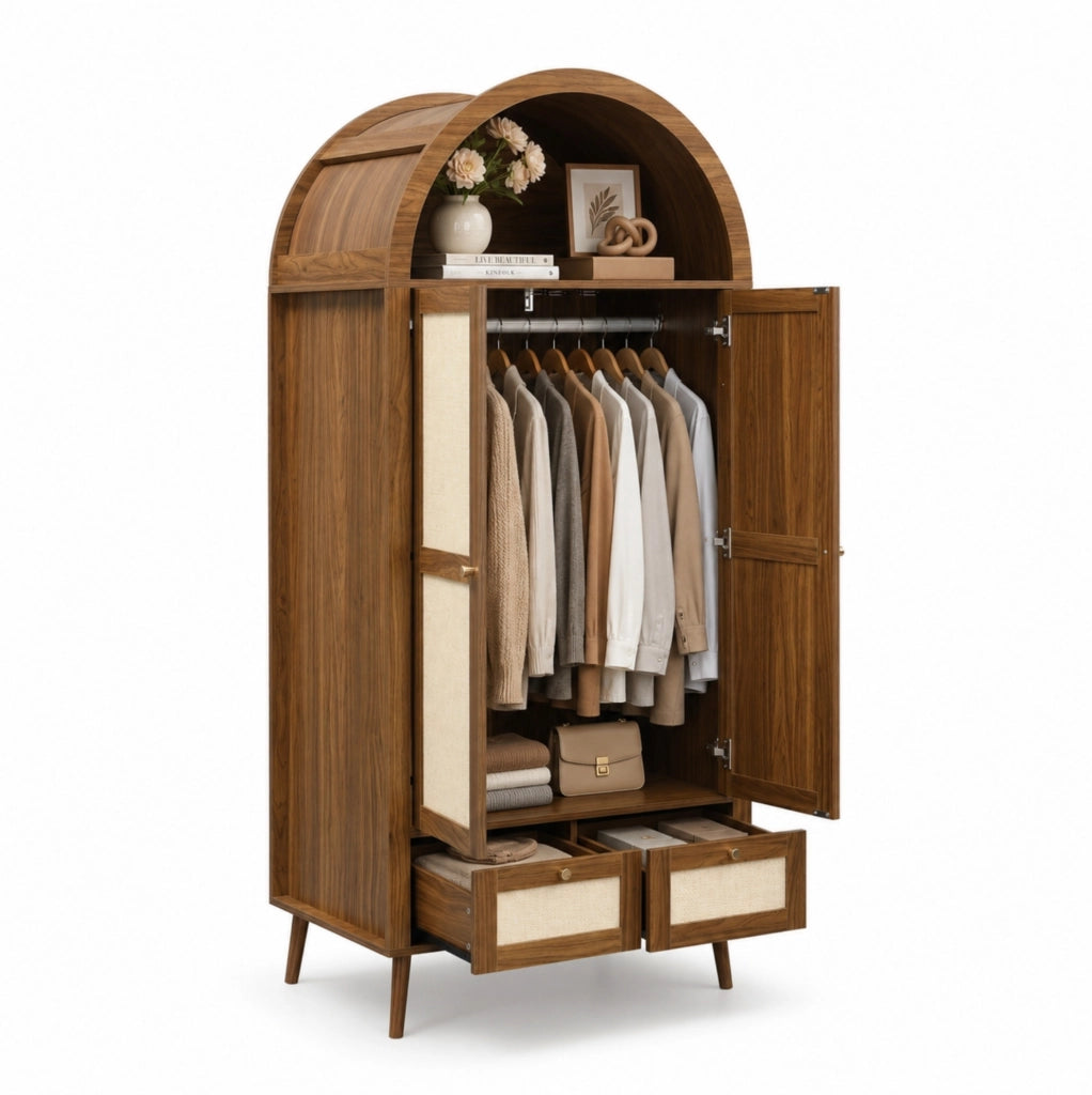 Armadio 2 ante 80x55x180 cm in MDF noce e beige con appendiabiti e cassetti