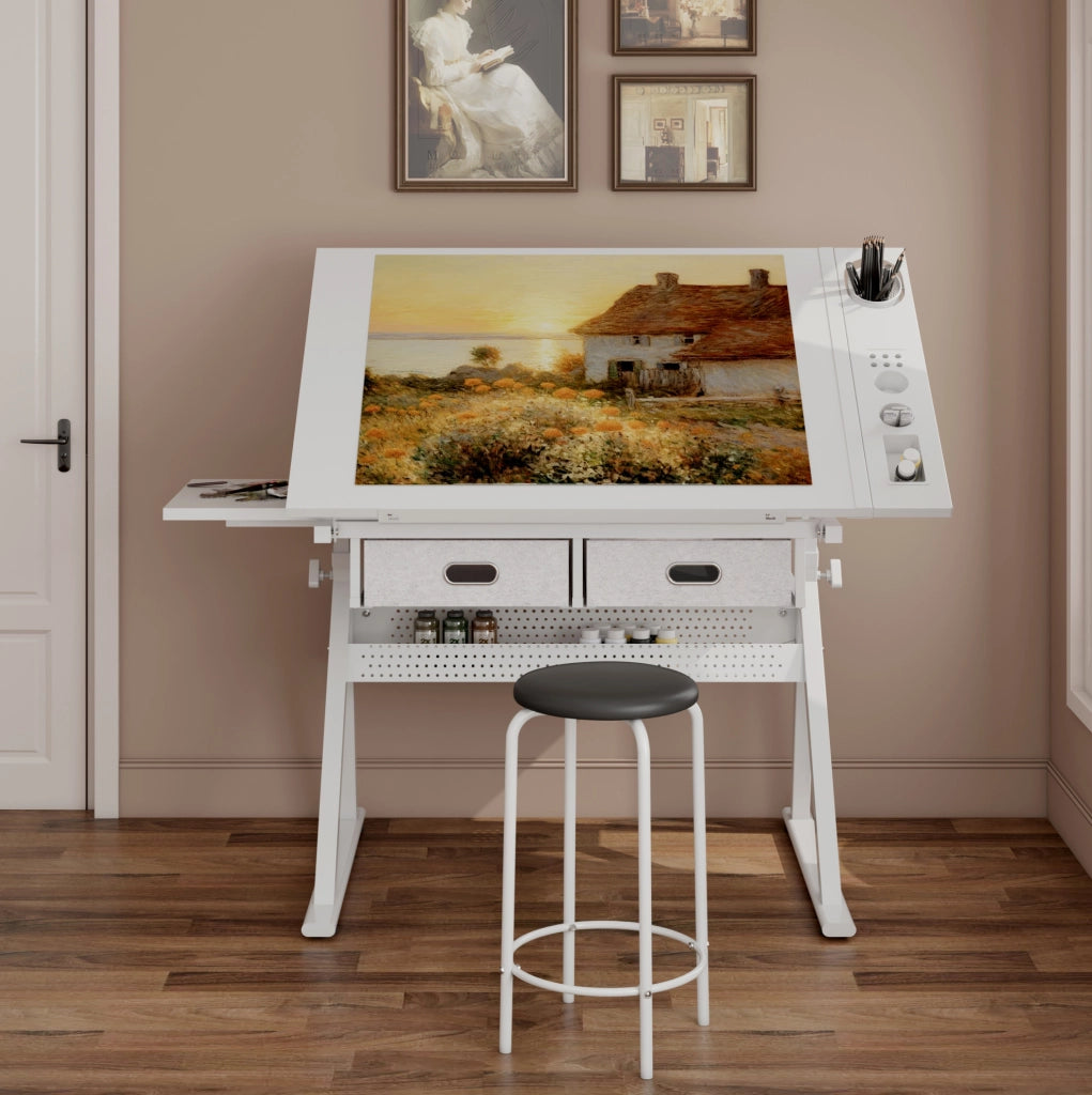 Scrivania da disegno regolabile con 2 cassetti e sgabello bianco per casa, ufficio e scuola