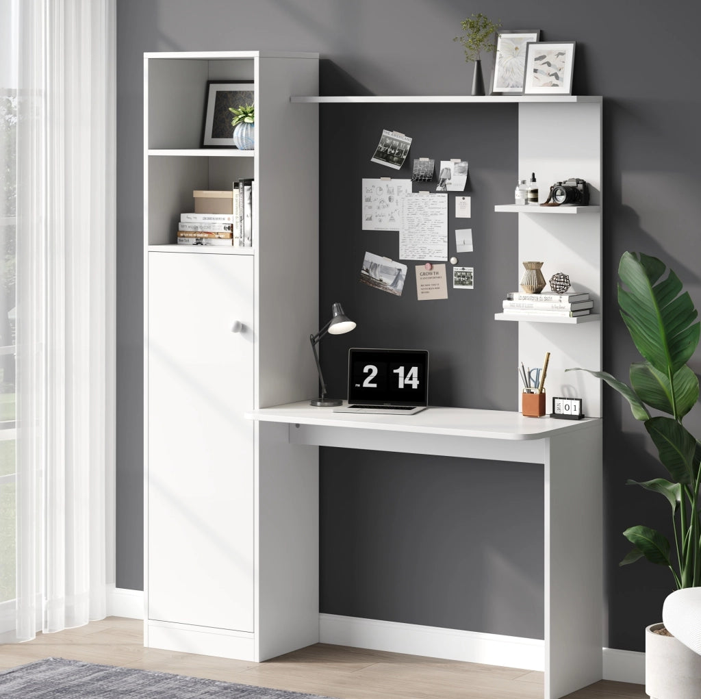 Scrivania multifunzione bianca con armadio e ripiani 123,5 x 45 x 168,5 cm
