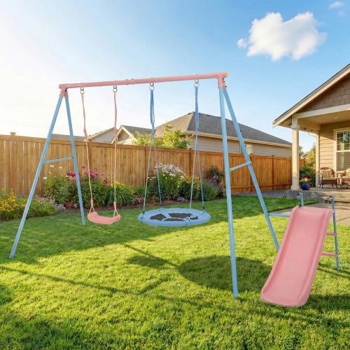 Altalena con scivolo due sedute classica e rotonda struttura in acciaio e HDPE blu e rosa per bambini dai 3 anni