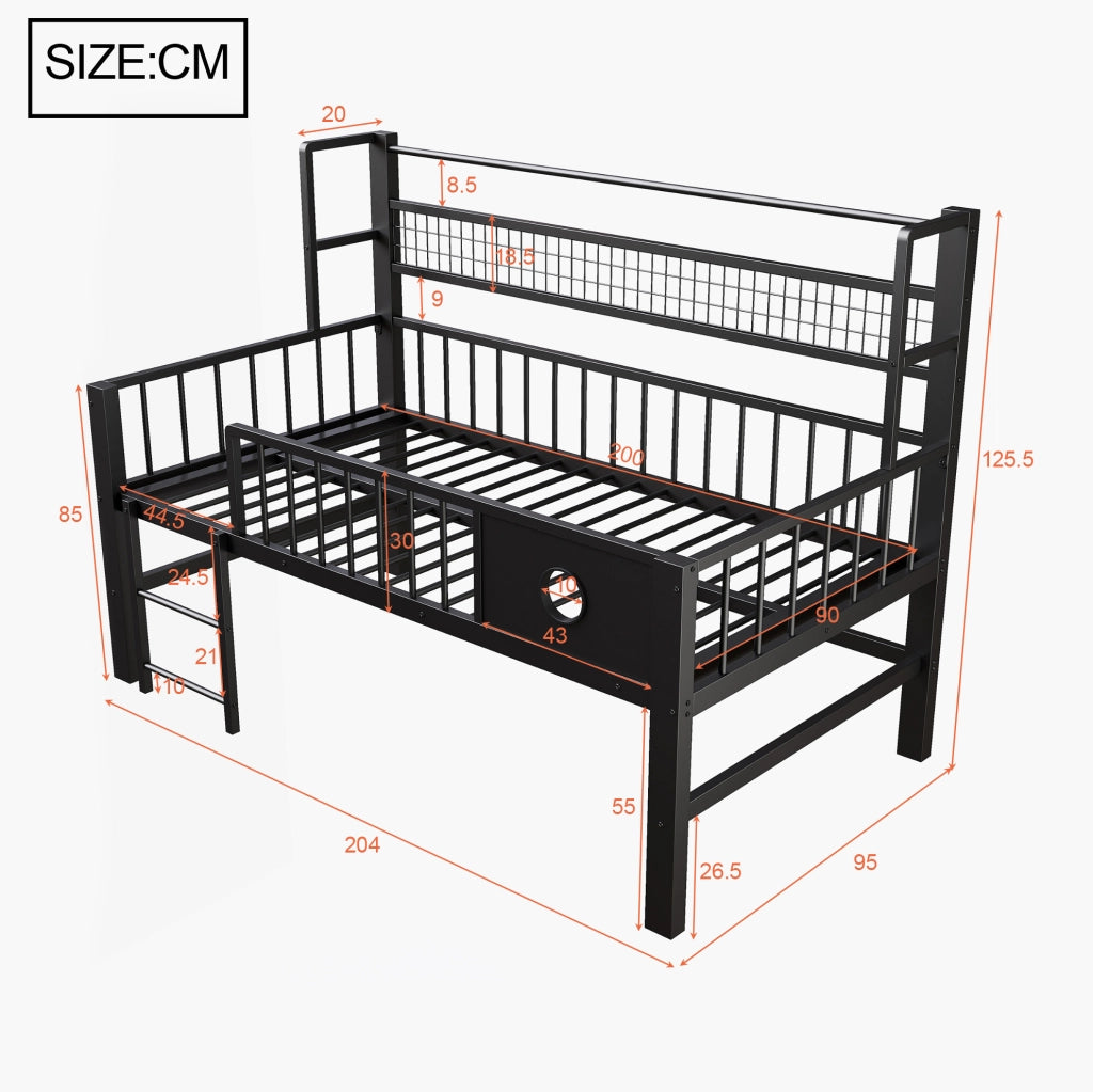 Letto a soppalco basso 90x200 cm con ripiani e barra appendiabiti in metallo nero