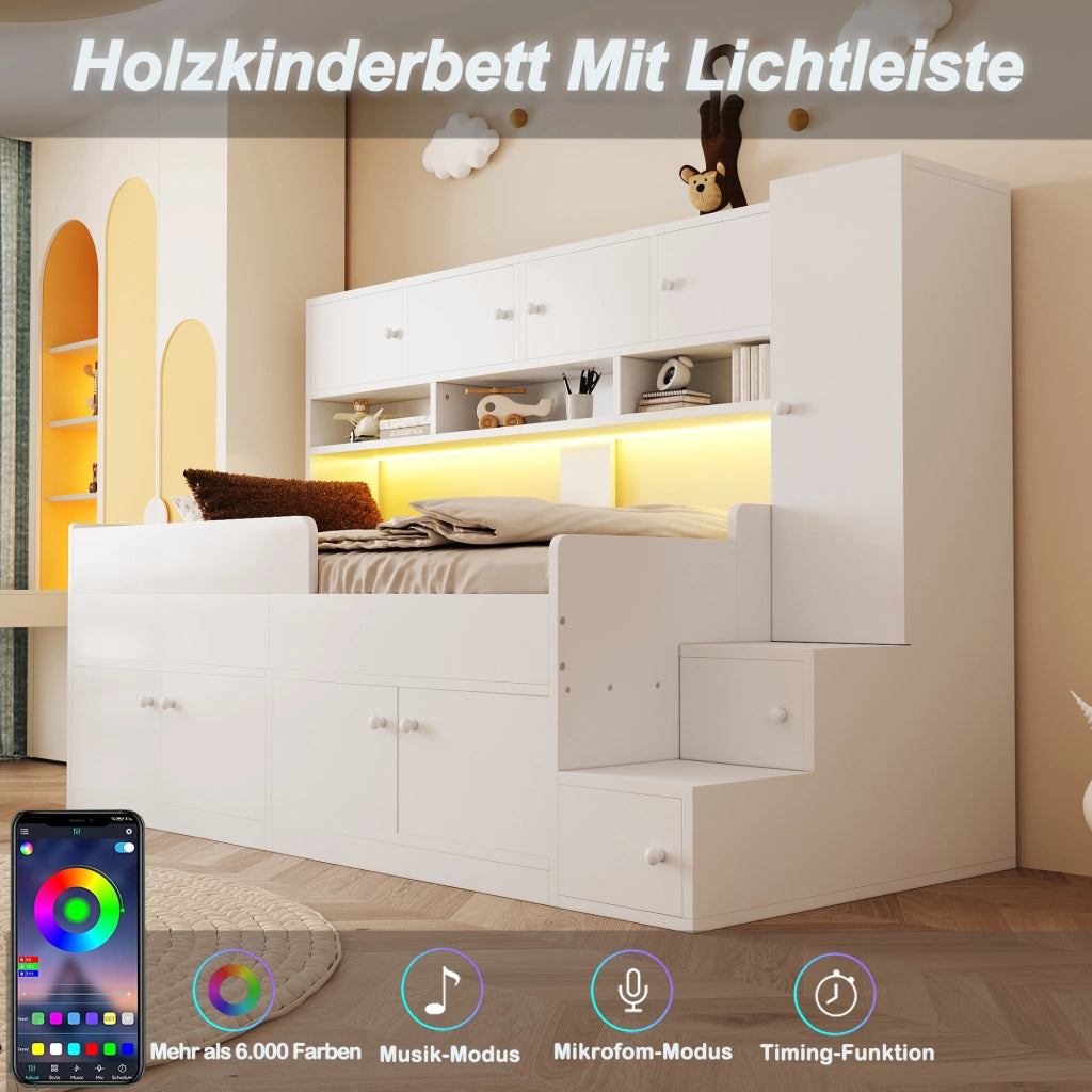 Letto per bambini 90 × 200 cm 1 posto con armadi, cassetti, scala contenitore e LED, senza materasso, bianco