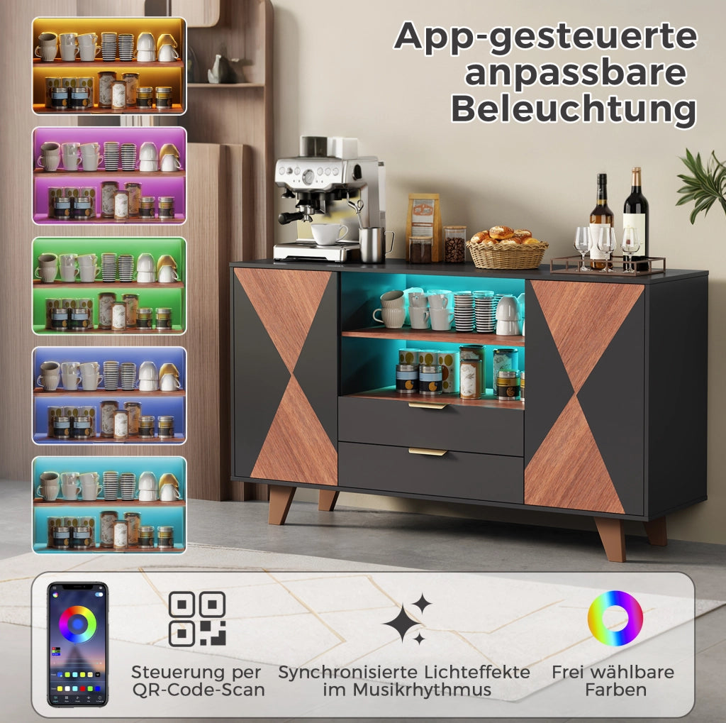 Sideboard in MDF con illuminazione LED RGB, 150x40x90 cm, con ripiani regolabili e cassetti, per soggiorno e sala da pranzo
